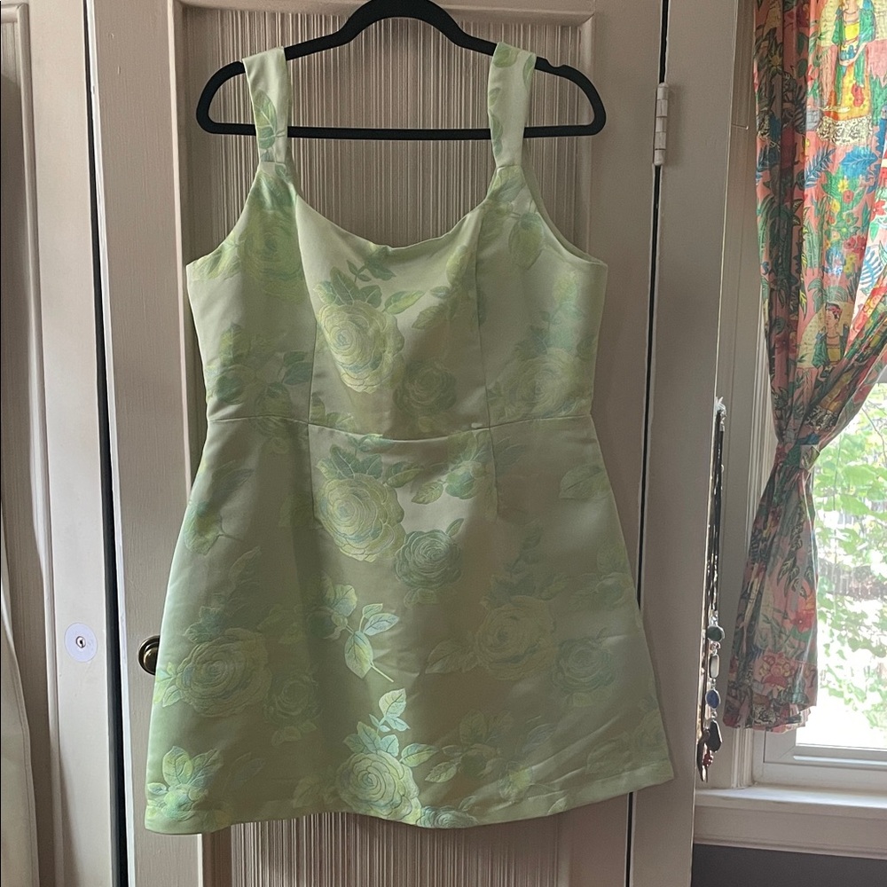Lulus Satin Embroidered Floral Green Mini Dress